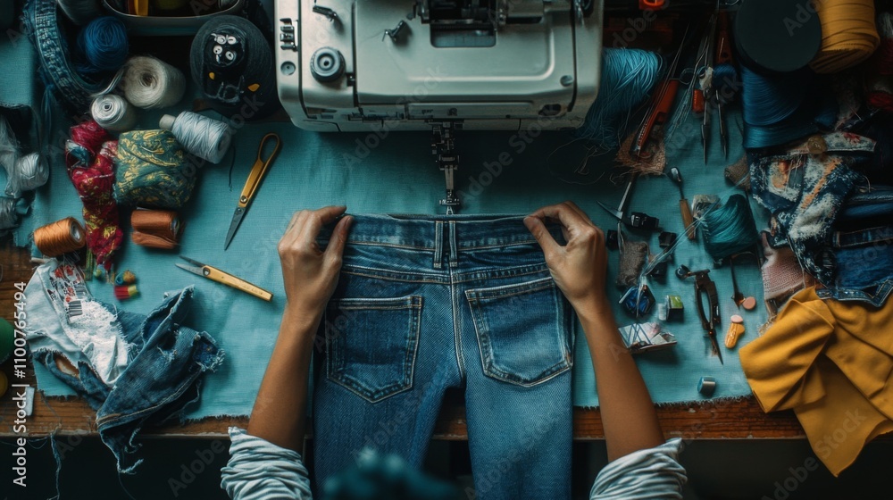 Poster a person is focusing on sewing denim jeans at a crafting table. various spools of thread and fabric 