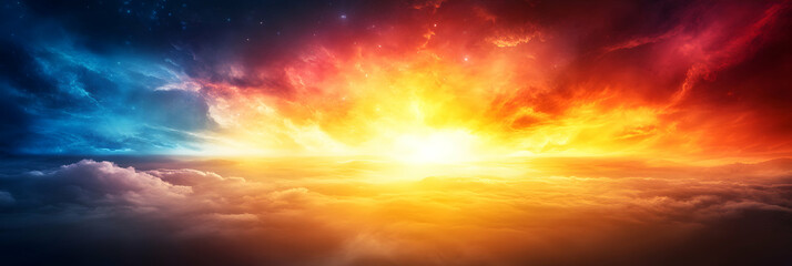 Obraz premium Fiery Sunset, Celestial Cloudscape, Vivid Colors Blaze Across Heavens, Dramatic Abstract Background Image