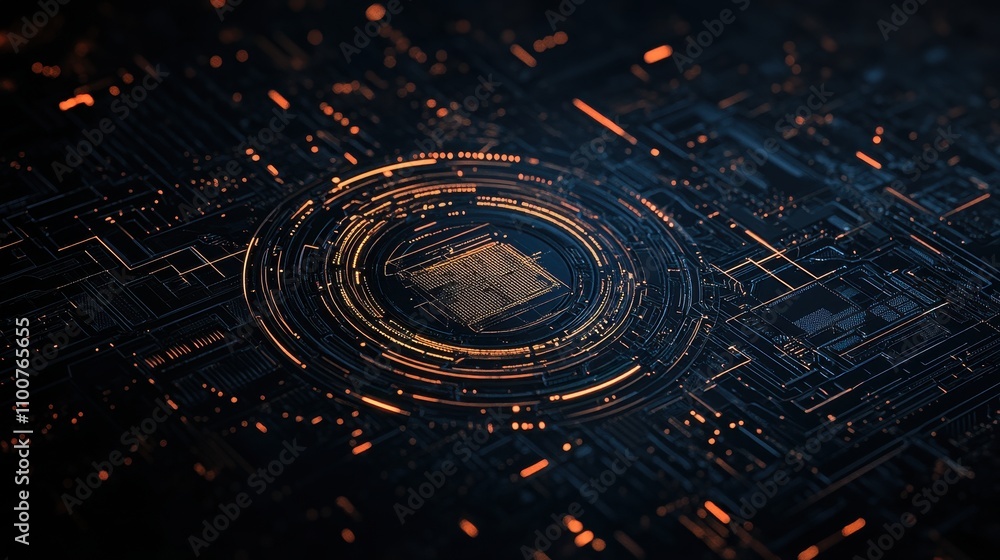 Poster a futuristic, abstract digital circuit design featuring glowing lines and patterns, evoking themes o
