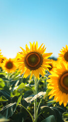 Obraz premium Vibrant Sunflower Field in Full Bloom Under a Clear Blue Sky, Demonstrating Natural Synchronization and Harmony