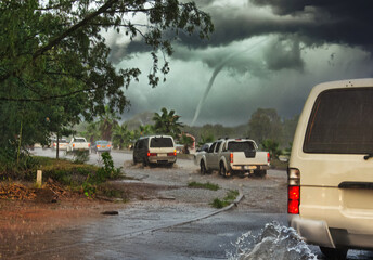 natural disasters global storms with heavy winds and flooded streets, in cities around the world