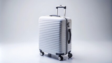 Fototapeta premium Sleek White Travel Suitcase on a Clean Background for Travel and Vacation Planning, Ideal for E-commerce, Travel Blogs, and Marketing Materials