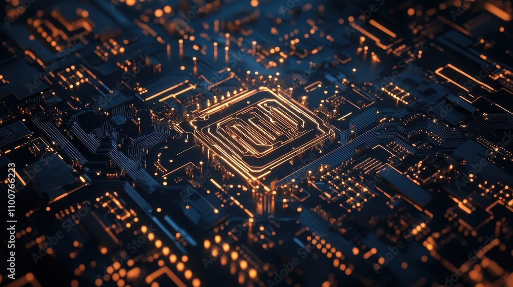 Poster A close-up of a glowing microchip on a circuit board, highlighting intricate electronic connections and a vibrant, futuristic design.