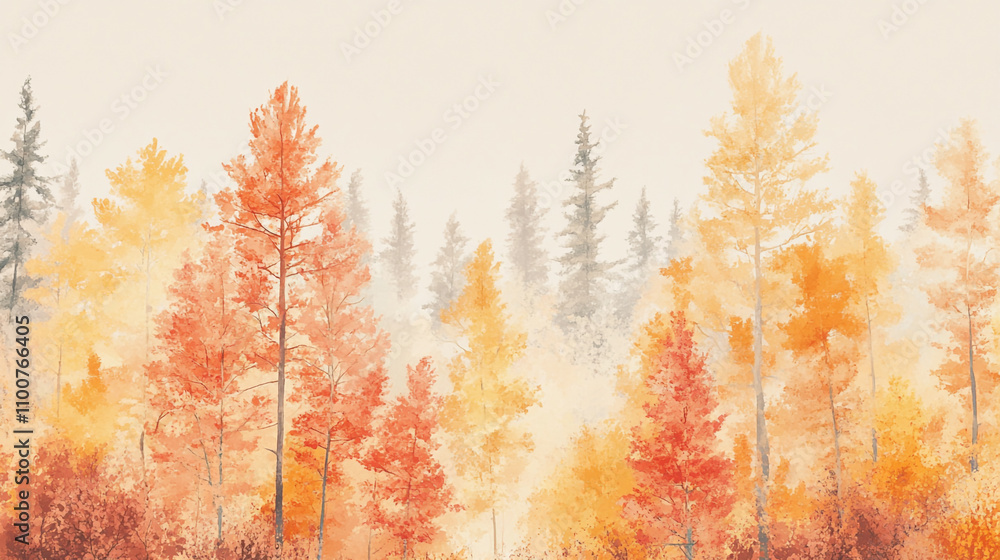 Poster vibrant autumn forest with colorful trees and soft mist in the background