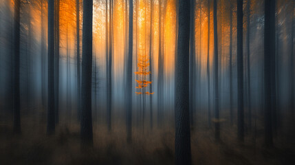 Forest bathed in golden light at dusk showcases natural beauty and tranquility