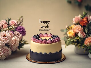 happy work anniversary card for coworker at workplace, with colourful cake and flowers on blurred beige background with copy space