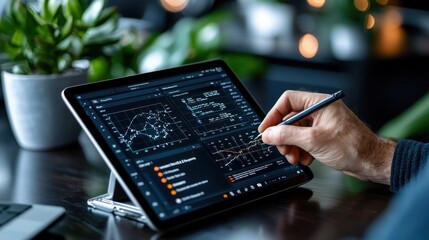 Close up view of a person s hand using a digital tablet to analyze financial data and market trends displayed on the screen in a modern office or workspace setting