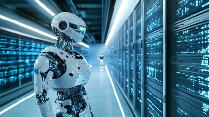 A robot assisting in automated data analysis in a high-tech data center with advanced computing systems and servers, clean and technological environment, Data-tech style