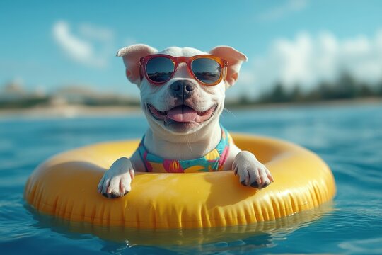 Happy white dog with auto-gear effect posing playfully outdoors