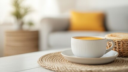 A cozy scene featuring a cup of coffee on a saucer, with a woven mat and soft furnishings in the background, creating a warm and inviting atmosphere.