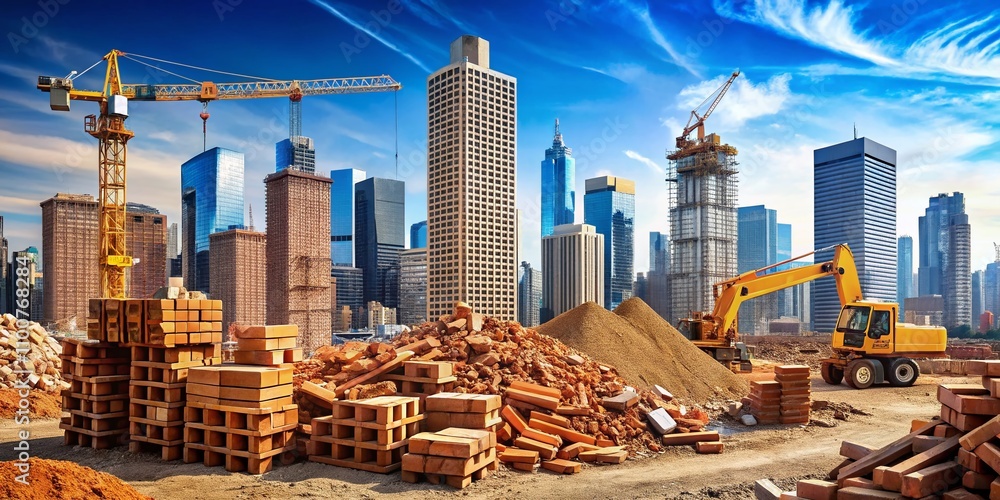 Poster Stacked Bricks in a Dynamic Construction Zone Showcasing Urban Development and Architectural Progress