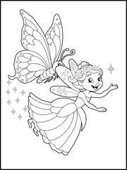Fototapeta premium Fairy coloring pages for kids. Children's coloring books with cute fairy cartoon characters. Black-and-white printable coloring sheet for kindergarten. 