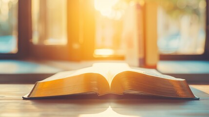 Close-up of open Bible on wooden table, sunlight illuminating sacred text, serene contemplative scene with ample copy space for text or design.