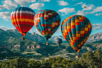 Naklejka premium Colorful hot air balloons flying over mountain