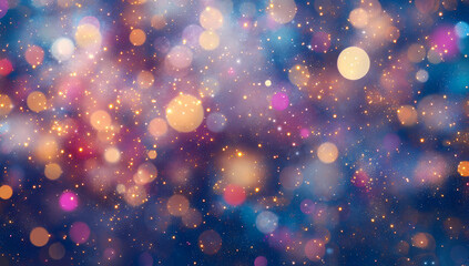 Abstract glittery background with bokeh lights and stars, colorful glowing particles on a dark blue...