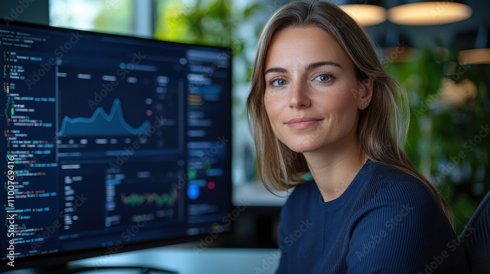 Wall mural portrait of a confident and enthusiastic female it professional analyzing data and statistics on a c