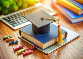 Student Graduation Celebration with Online Learning Theme in Tilt-Shift Photography Style, Highlighting the Journey of Education and Achievement, Symbolizing Success and Future Opportunities