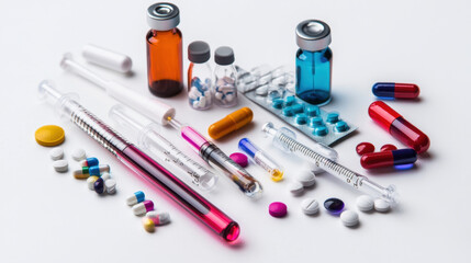 Medical supplies, syringes, pills, and vials arranged on white background. This showcases various pharmaceutical items, highlighting importance of healthcare and medication