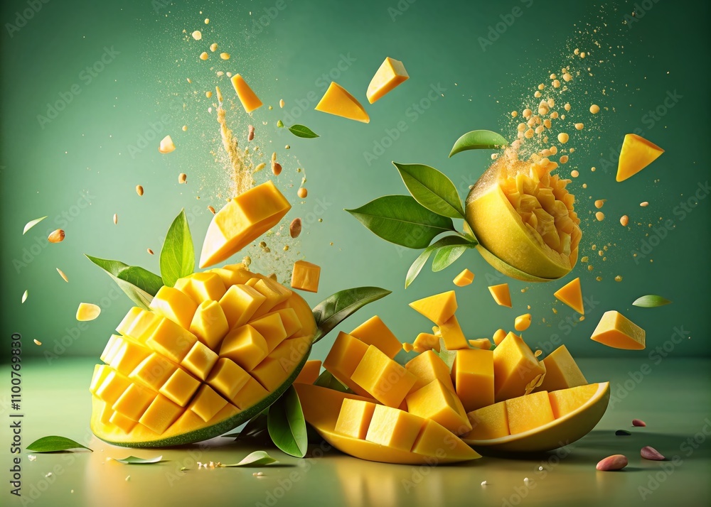 Poster stunning 3d rendering of juicy yellow mango slices exploding with vibrant colors against a minimalis
