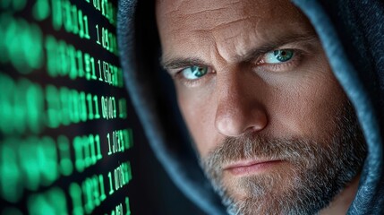 Serious bearded man in hoodie intently examining complex binary code and algorithms on large computer screen working on cybersecurity data protection or information technology project