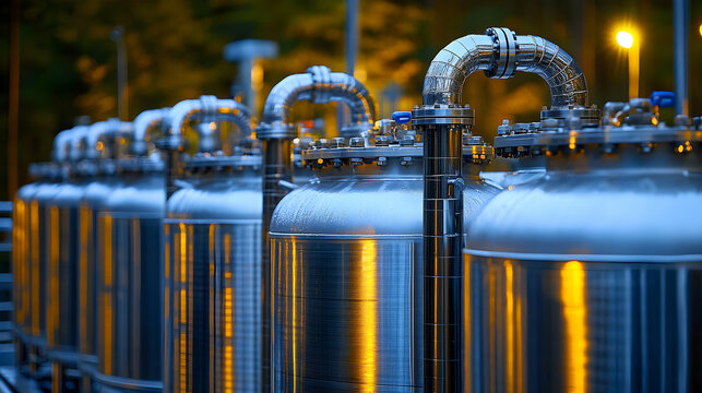 Industrial Metal Tanks, Row of Polished Steel Vessels in a Factory Setting at Dusk
