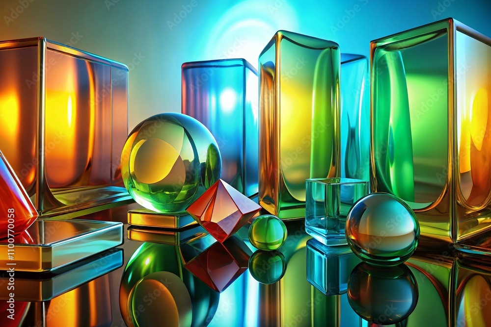 Poster stunning abstract colored glass shapes in 3d rendered design with ample copy space for creative uses