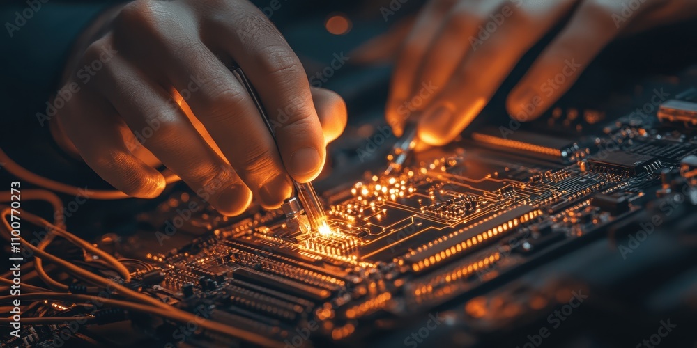 Poster A close-up of hands working on a circuit board, manipulating wires and components, with glowing sparks revealing intricate electronic details.