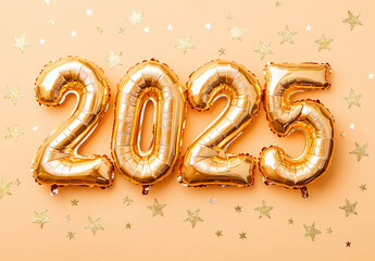 New year number "2025" shaped in golden foil balloons on a pastel peach background with glitter stars