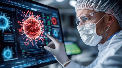 Medical expert or scientist wearing protective mask and examining COVID 19 virus data statistics and analysis displayed on a digital screen in a laboratory or research facility