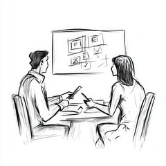 a manager and employee engaged in a productive one-on-one meeting, sitting at a modern office table looking at each other