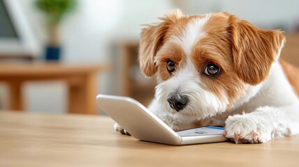 Adorable puppy dog sitting on a wooden table focused on a laptop or notebook computer in a cozy home or office setting Concept of working from home remote work startup business and productivity