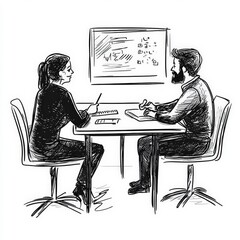 a manager and employee engaged in a productive one-on-one meeting, sitting at a modern office table looking at each other