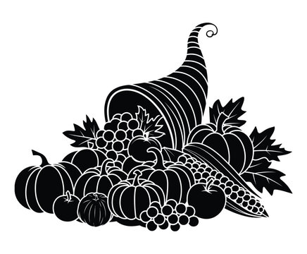 black cornucopia with pumpkins and grapes clip art preview