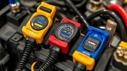 Fototapeta premium Colorful Gauges and Switches on a Vehicle's Engine Bay, Close-up of Automotive Instrumentation