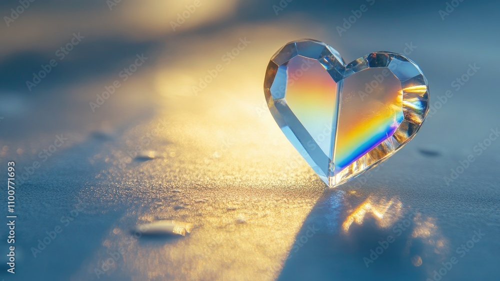 Poster crystal heart reflects light creating colorful spectrum on reflective surface