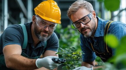 Two Experienced Gardeners Collaborate on Cultivation and Maintenance in Lush Green Greenhouse Environment
