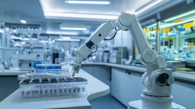 A robot assisting with automated drug formulation in a sleek pharmaceutical lab with clean, organized formulation stations and advanced drug processing equipment, Drug formulation tech style