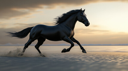 Fototapeta premium Majestic black horse galloping on beach at sunset, showcasing strength and grace. serene atmosphere enhances beauty of this powerful creature