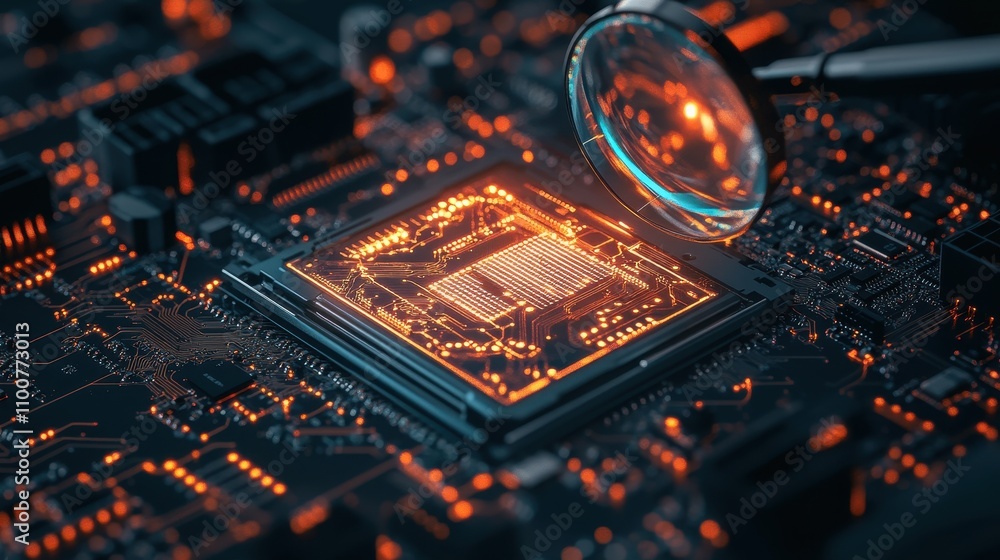 Aufkleber a close-up view of a glowing microchip on a circuit board, enhanced by a magnifying glass, showcasin