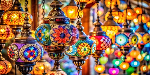 Stunning Display of Multicolored Turkish Glass Lamps Captured in Vibrant Tilt-Shift Photography, Showcasing Intricate Designs and Radiant Colors for Home Decor Enthusiasts