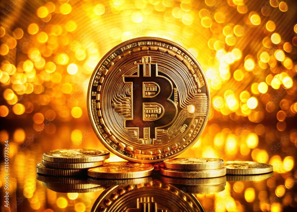 Aufkleber stunning double exposure of bitcoin with four additional coins on a luxurious golden background in l