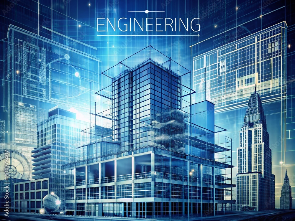 Poster stunning double exposure photography featuring blueprint drawing text effect for editable engineerin