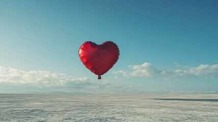 Fototapeta premium Red heart-shaped balloon floats in vast empty desert landscape under clear blue sky