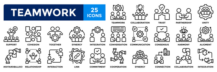 Teamwork icon collection set. Containing collaboration,trust,partnership,together,cooperation,support icon. Simple line vector illustration.