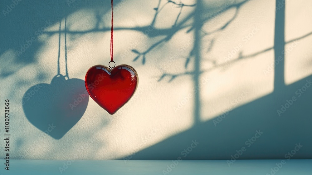 Poster red heart ornament casting shadow on wall with tree branches in background