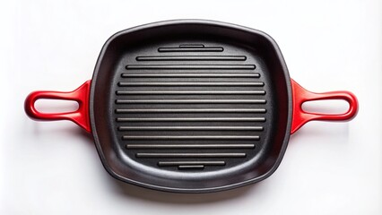 Stunning Drone Photography of a Cast Iron Grill Pan Isolated on a White Background, Showcasing Texture and Details for Culinary and Kitchenware Enthusiasts