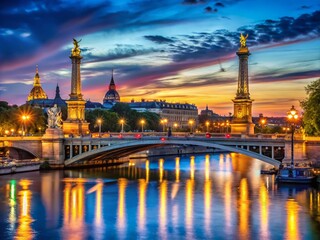 Obraz premium Stunning Evening Skyline Panorama of Paris Featuring the Majestic Pont Alexandre III Bridge Over the Serene Seine River with Glittering City Lights in the Background