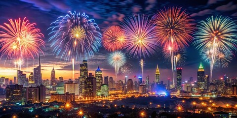 Fototapeta premium Stunning Fireworks Display Over a Vibrant City Skyline at Night, Capturing the Essence of Celebration and Colorful Light in a Panoramic 8K Ultra HD View for Abstract Letterhead Design