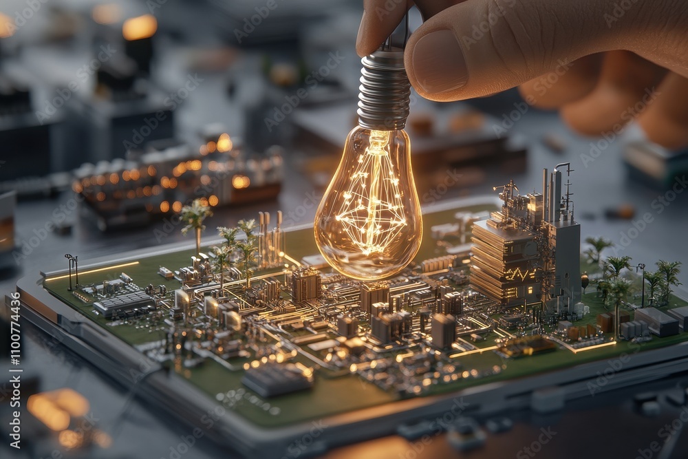 Poster A hand holds a glowing light bulb above a miniature circuit board representing a futuristic city with intricate details and illuminated elements.