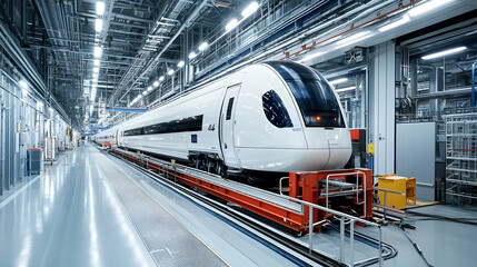 Fototapeta premium High-Speed Train in Modern Factory, A Sleek, White Locomotive Undergoes Testing and Maintenance within a State-of-the-Art Facility